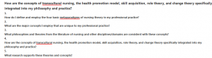 How are the concepts of transcultural nursing, the health promotion model, skill acquisition, role theory, and change theory specifically integrated into my philosophy and practice?