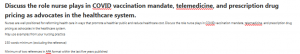 Discuss the role nurse plays in COVID vaccination mandate, telemedicine, and prescription drug pricing as advocates in the healthcare system.
